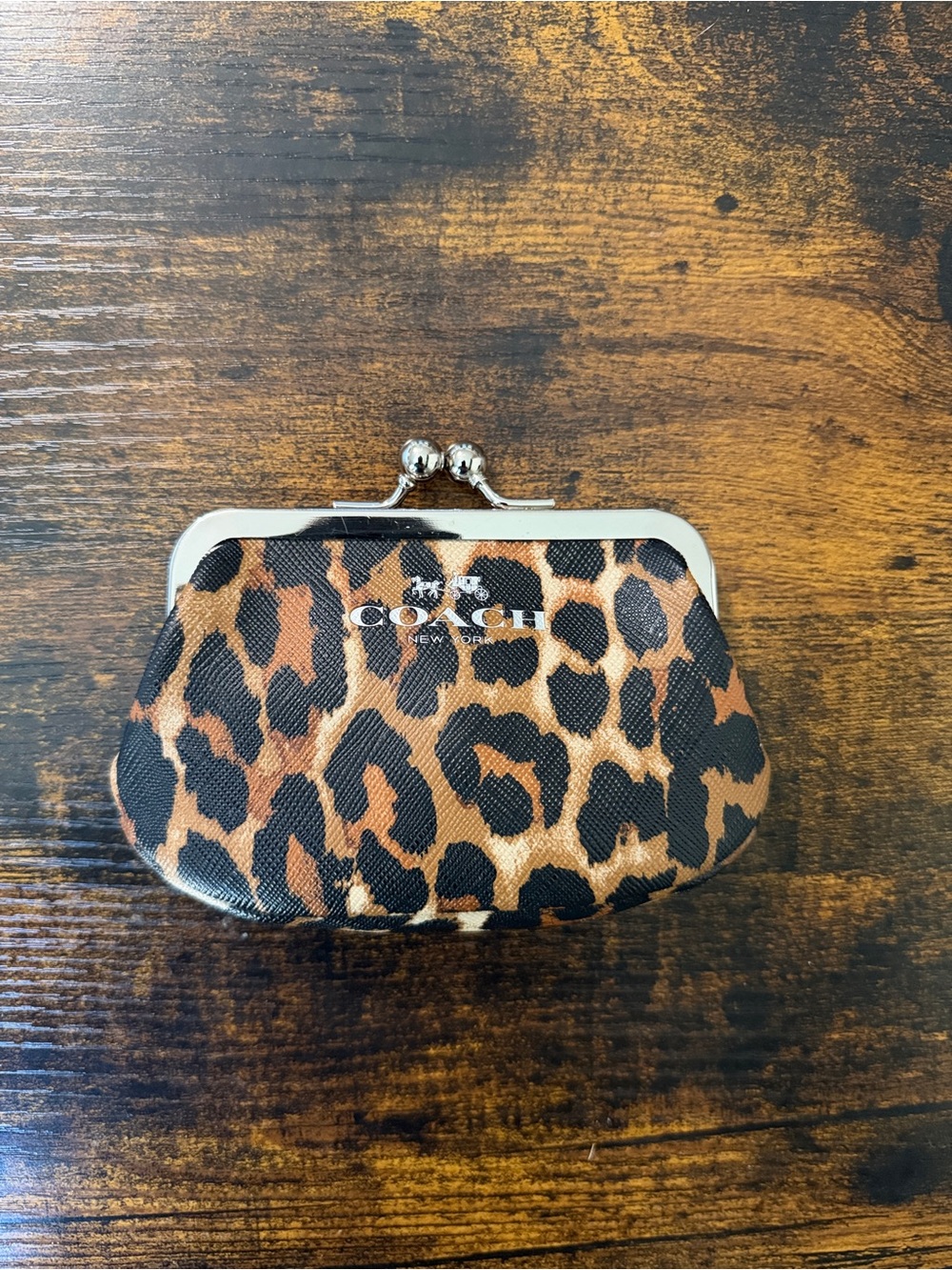 COACH Leopard-Print Kiss-Lock Coin Purse - Brown & Black - Picture 2 of 12